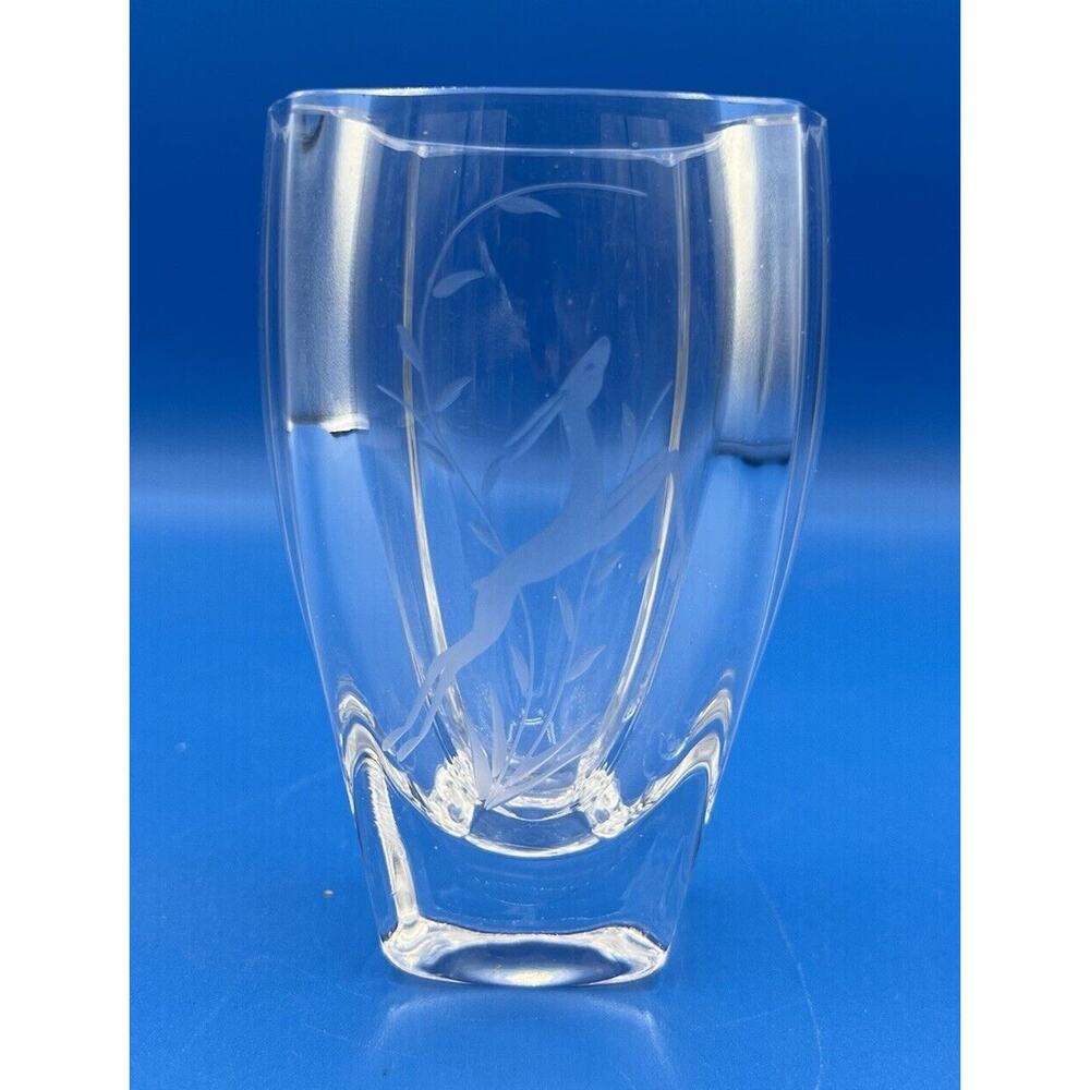 Vintage Skruf Sweden Etched Crystal Vase Deer‎ Prancing Wheat Grass *Pre-Owned*